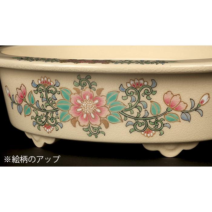沈壽官窯色絵草花文楕円鉢 盆栽鉢 鉢 植木鉢 盆器 絵付鉢 薩摩