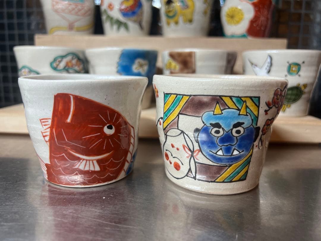春夏秋冬 10点セット☆希少 正月 季節の祝ごと 九谷焼 エクボ猪口 湯呑